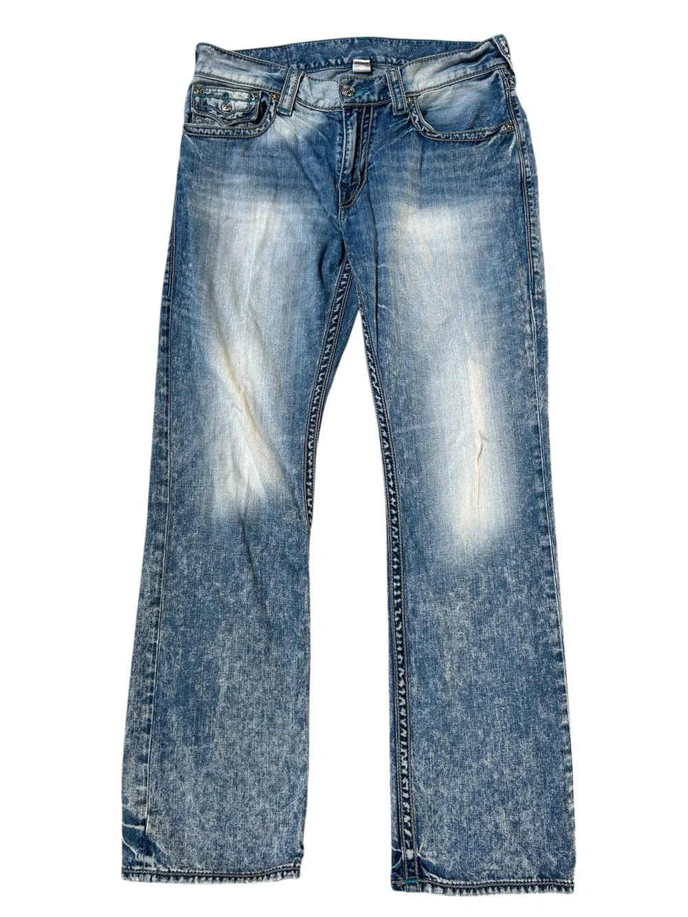 True Religion Straight Flap Chainstitch Acid Wash Jeans Y2K Size 34